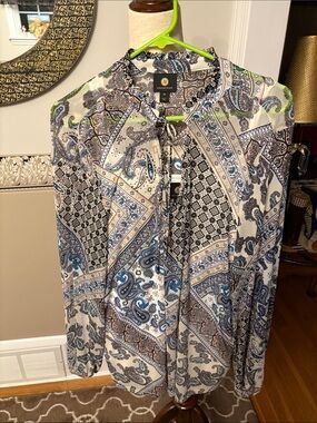 Like new Paisley & Geometric Print Tie-Neck Blouse - Blue, Black, Cream wtank 2X